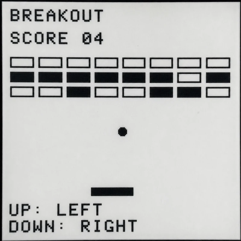 A monochrome Brick Breaker game running on Dibblit's 200-pixel e-paper display