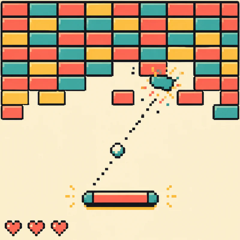 A colorful pixel-art Brick Breaker game with the ball in mid-bounce