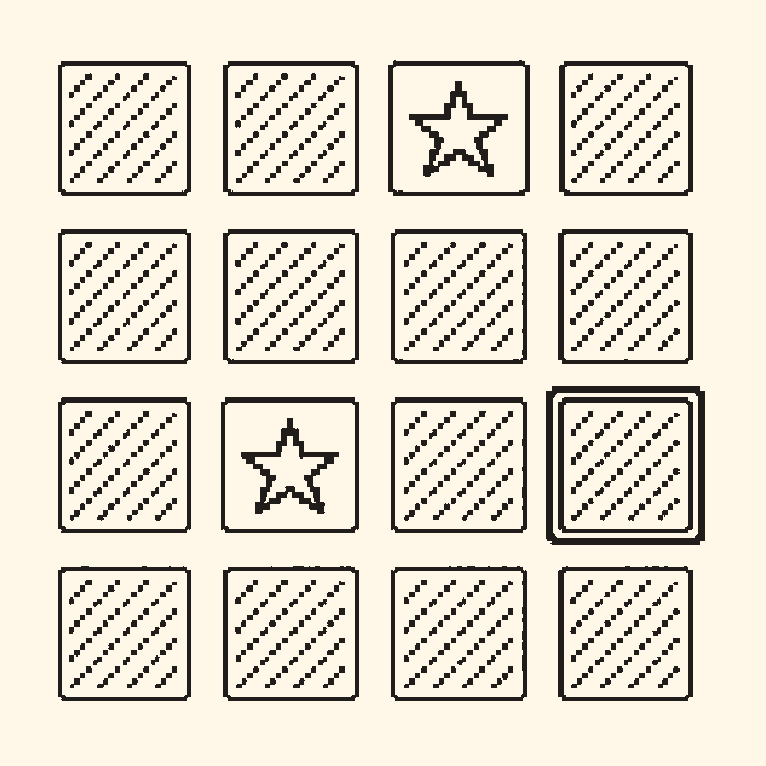A monochrome Memory Match game with two star cards revealed