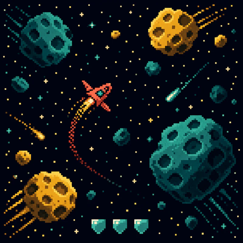 A colorful pixel-art spaceship dodging meteors in a busy star field