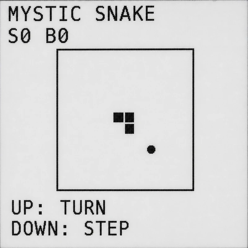 A monochrome Snake game running on Dibblit's 200-pixel e-paper display