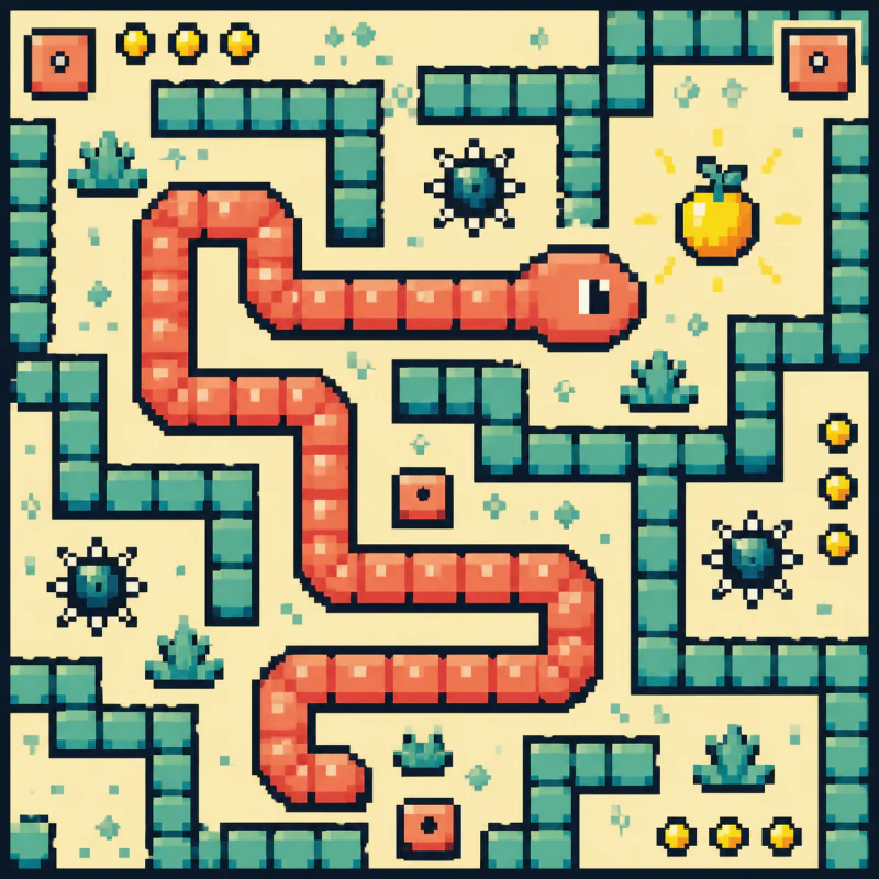 A colorful pixel-art Snake game winding through a compact garden maze